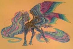 Size: 1024x691 | Tagged: safe, artist:oneiria-fylakas, imported from derpibooru, nightmare moon, braham, original species, pony, colored wings, female, multicolored wings, solo, species swap, traditional art