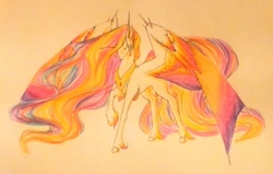 Size: 1024x651 | Tagged: safe, artist:oneiria-fylakas, imported from derpibooru, daybreaker, original species, pony, colored wings, dayadan, female, multicolored wings, solo, species swap, traditional art