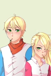 Size: 640x960 | Tagged: safe, artist:161141, imported from derpibooru, applejack, human, applejack (male), applejacks (shipping), clothes, female, freckles, humanized, male, one eye closed, rule 63, self ponidox, shipping, shirt, simple background, straight