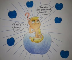 Size: 2928x2448 | Tagged: safe, artist:mustachedbain, imported from derpibooru, applejack, pony, apple, atg 2017, female, food, newbie artist training grounds, question mark, sitting, solo, traditional art