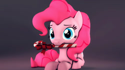 Size: 1920x1080 | Tagged: safe, artist:flushthebatsanta, imported from derpibooru, pinkie pie, earth pony, pony, 3d, candy, candy cane, female, food, looking at you, mare, mouth hold, prone, simple background, solo, source filmmaker