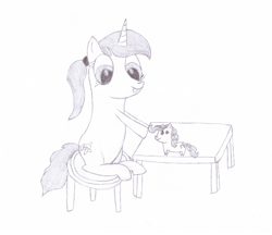 Size: 2048x1767 | Tagged: safe, artist:ragmo, imported from derpibooru, pinkie pie, oc, oc:swift sword, pony, unicorn, atg 2017, chair, female, monochrome, newbie artist training grounds, sitting, table, tongue out, traditional art