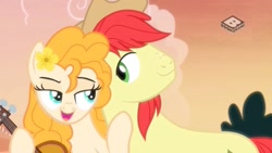Size: 1024x576 | Tagged: safe, imported from derpibooru, bright mac, pear butter, pony, the perfect pear, bedroom eyes, boomerang (tv channel), brightbutter, couple, cowboy hat, female, flower, flower in hair, guitar, hat, lidded eyes, male, outdoors, sassy, shipping, stetson, straight