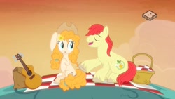 Size: 1024x576 | Tagged: safe, imported from derpibooru, bright mac, pear butter, pony, the perfect pear, accessory swap, adorkable, boomerang (tv channel), brightabetes, brightbutter, couple, cowboy hat, cute, dork, female, flower, flower in hair, guitar, hat, male, outdoors, pearabetes, picnic, shipping, stetson, straight