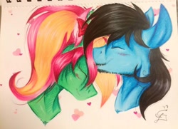 Size: 1492x1083 | Tagged: safe, artist:scootiegp, imported from derpibooru, oc, oc only, oc:bonifacy, oc:sunrise melody, pegasus, pony, couple, kissing, shipping, traditional art