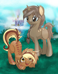 Size: 1388x1758 | Tagged: safe, artist:monikakryza, artist:redi, imported from derpibooru, oc, oc only, oc:arrowhead, oc:feisty song, earth pony, pony, unicorn, shipping