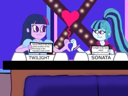 Size: 1032x774 | Tagged: safe, artist:ktd1993, imported from derpibooru, match game, sonata dusk, twilight sparkle, equestria girls, female, heart hands, heart shaped, lesbian, match game (game show), shipping, twinata