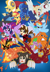 Size: 2988x4290 | Tagged: safe, artist:edcom02, artist:jmkplover, imported from derpibooru, pipsqueak, princess luna, rainbow dash, spike, sunset shimmer, twilight sparkle, alicorn, breezie, earth pony, hybrid, pegasus, pony, unicorn, wasp, amethyst sorceress, angry, armor, avengers, beard, ben grimm, bone spike projection, cape, captain america, captain equestria, claws, clothes, confident, costume, crossover, facial hair, fangs, fire, flight, flying, group, hammer, happy, hulkbuster, hulkbuster armor, human torch, iron man, janet van dyne, logan, marvel, mjölnir, peter parker, ponified, shield, smiling, spider-man, steve rogers, superhero, the thing (marvel), thor, tony stark, war hammer, wings, wolverine