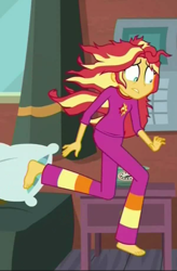 Size: 426x648 | Tagged: safe, imported from derpibooru, screencap, sunset shimmer, eqg summertime shorts, equestria girls, monday blues, barefoot, clothes, feet, female, pajamas, sunset's apartment