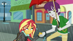 Size: 1366x768 | Tagged: safe, imported from derpibooru, screencap, indigo wreath, sunset shimmer, eqg summertime shorts, equestria girls, monday blues, background human, canterlot city, clothes, hoodie, umbrella, wet hair