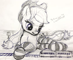 Size: 2000x1657 | Tagged: safe, artist:xbi, imported from derpibooru, applejack, pony, 30 minute art challenge, clothes, giant pony, macro, never doubt ncmares's involvement, socks, striped socks, traditional art, train