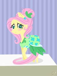 Size: 639x850 | Tagged: safe, artist:ginkadia, deleted from derpibooru, imported from derpibooru, fluttershy, pony, blushing, clothes, cute, dress, female, mare, model, modeling, shyabetes, smiling, solo