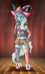 Size: 3375x5574 | Tagged: safe, artist:kukotte, imported from derpibooru, trixie, anthro, unguligrade anthro, unicorn, clothes, costume, female, jester, magilou mayvin, parody, solo, stage, tales of berseria