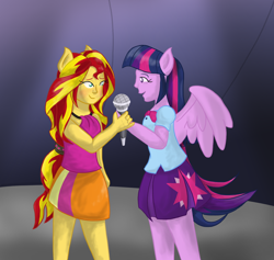 Size: 1400x1327 | Tagged: safe, artist:pewycert, imported from derpibooru, sunset shimmer, twilight sparkle, equestria girls, rainbow rocks, blushing, female, lesbian, looking at each other, ponied up, shipping, smiling, sunsetsparkle, twilight sparkle (alicorn)