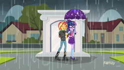 Size: 1920x1080 | Tagged: safe, imported from derpibooru, screencap, sci-twi, sunset shimmer, twilight sparkle, eqg summertime shorts, equestria girls, monday blues, discovery family logo, rain, shipping fuel, umbrella