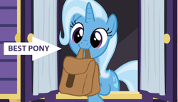 Size: 1252x716 | Tagged: safe, edit, edited screencap, imported from derpibooru, screencap, trixie, pony, unicorn, to where and back again, best pony, cute, diatrixes, female, mouth hold, smiling, solo, to saddlebags and back again