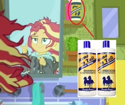 Size: 597x505 | Tagged: safe, edit, edited screencap, imported from derpibooru, screencap, sunset shimmer, eqg summertime shorts, equestria girls, monday blues, bathroom, clothes, female, finger gun, finger guns, hoodie, lidded eyes, mane 'n tail, messy mane, mirror, product placement, shampoo, smiling, smirk, solo, sunset's apartment