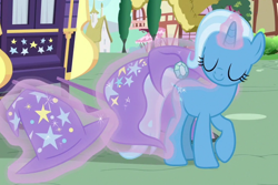 Size: 720x482 | Tagged: safe, imported from derpibooru, screencap, trixie, pony, unicorn, to where and back again, brooch, cape, clothes, cropped, cute, diatrixes, eyes closed, female, hat, jewelry, levitation, magic, mare, raised hoof, solo, telekinesis, trixie's brooch, trixie's cape, trixie's hat, wizard hat