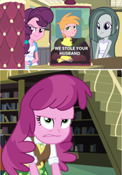 Size: 1024x1460 | Tagged: safe, edit, edited screencap, imported from derpibooru, screencap, big macintosh, cheerilee, marble pie, sugar belle, equestria girls, equestria girls (movie), friendship games, cake, cheerilee is not amused, cheerilee is unamused, cheerimac, equestria girls-ified, female, food, husbando thief, male, marblemac, poor cheerilee, shipping, straight, sugarmac