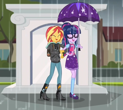 Size: 985x886 | Tagged: safe, imported from derpibooru, screencap, sci-twi, sunset shimmer, twilight sparkle, eqg summertime shorts, equestria girls, monday blues, cropped, eyes closed, laughing, rain, shipping fuel, umbrella, wet clothes, wet hair