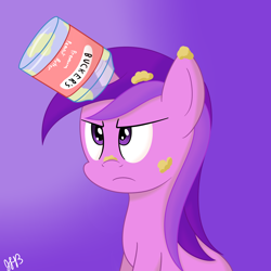 Size: 1600x1600 | Tagged: safe, artist:joey, imported from derpibooru, amethyst star, sparkler, pony, unicorn, annoyed, female, food, gradient background, jar, mare, messy, messy mane, peanut butter, sitting, solo