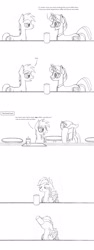 Size: 1358x3611 | Tagged: safe, artist:dsb71013, imported from derpibooru, oc, oc only, oc:night cap, oc:rhapsody, pony, coffee, comic, drinking, facehoof, monochrome, oblivious, this will not end well