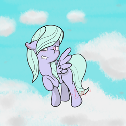 Size: 2500x2500 | Tagged: safe, artist:bennimarru, derpibooru exclusive, imported from derpibooru, flitter, pegasus, pony, blushing, cloud, female, simple shading, solo, watermark