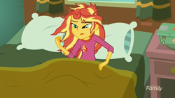 Size: 1366x768 | Tagged: safe, imported from derpibooru, screencap, sunset shimmer, eqg summertime shorts, equestria girls, monday blues, bed, clothes, discovery family logo, female, pajamas, pillow, solo, sunset's apartment