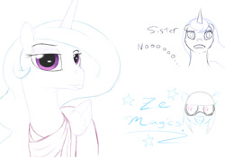 Size: 946x661 | Tagged: safe, artist:stillwaterspony, imported from derpibooru, photo finish, princess celestia, princess luna, alicorn, pony, atg 2017, clothes, dress, duckface, grimace, grin, newbie artist training grounds, pursed lips, raised eyebrow, sketch, smiling