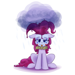 Size: 2000x2000 | Tagged: safe, artist:heir-of-rick, imported from derpibooru, pinkie pie, earth pony, pony, alternate hairstyle, cloud, clown, clown makeup, colored sketch, face paint, female, floppy ears, mare, rain, raincloud, ruff (clothing), simple background, sitting, solo, tongue out, white background