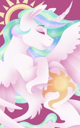 Size: 2051x3264 | Tagged: safe, artist:rachboo100, imported from derpibooru, princess celestia, pony, cloven hooves, curved horn, eyes closed, female, smiling, solo, unshorn fetlocks