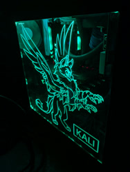 Size: 1031x1374 | Tagged: safe, artist:kalitech, artist:kez, imported from derpibooru, oc, oc only, oc:kali, griffon, acrylic plastic, computer, craft, engraving, etching, led, side panel, spread wings, standing, talons, wings