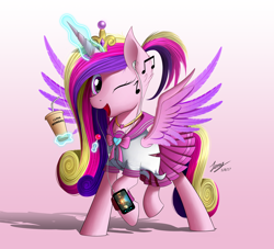 Size: 2500x2273 | Tagged: safe, artist:duskie-06, imported from derpibooru, princess cadance, alicorn, pony, alternate hairstyle, cellphone, clothes, crown, cup, earbuds, female, gradient background, high res, jewelry, magic, mare, one eye closed, phone, raised hoof, regalia, solo, wink