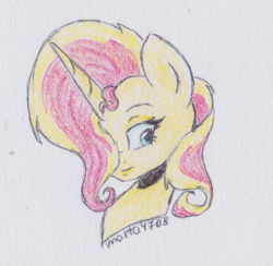 Size: 544x532 | Tagged: safe, artist:marta4708, imported from derpibooru, sunset shimmer, pony, unicorn, bust, female, hair over one eye, mare, portrait, solo, traditional art