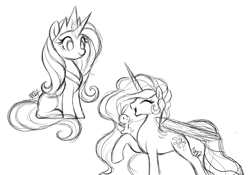 Size: 2554x1792 | Tagged: safe, artist:mn27, imported from derpibooru, angel bunny, fluttershy, princess celestia, alicorn, pegasus, pony, rabbit, accessory swap, alicornified, eyes closed, female, jewelry, laughing, male, mare, monochrome, race swap, raised hoof, simple background, sketch, smiling, tiara, trio, white background