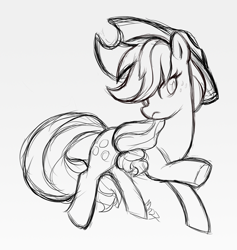 Size: 1280x1348 | Tagged: safe, artist:mn27, imported from derpibooru, applejack, earth pony, pony, female, gray background, grayscale, mare, monochrome, raised hoof, simple background, sketch, solo