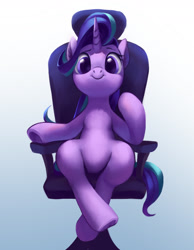 Size: 1400x1800 | Tagged: safe, artist:luciferamon, imported from derpibooru, starlight glimmer, pony, unicorn, :>, chair, cute, female, glimmerbetes, gradient background, looking at you, mare, sitting, smiling, solo, underhoof