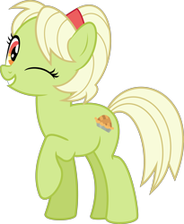 Size: 5677x6930 | Tagged: safe, artist:jhayarr23, imported from derpibooru, granny smith, earth pony, pony, the perfect pear, absurd resolution, adorasmith, cute, female, mare, one eye closed, raised hoof, simple background, solo, transparent background, vector, young granny smith, younger