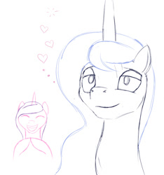 Size: 668x714 | Tagged: safe, artist:stillwaterspony, imported from derpibooru, princess cadance, princess luna, pony, atg 2017, daydream, floating heart, grin, heart, newbie artist training grounds, sketch, smiling