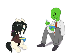 Size: 2488x1900 | Tagged: safe, artist:scraggleman, imported from derpibooru, oc, oc only, oc:anon, oc:floor bored, earth pony, human, pony, /mlp/, 4chan, bowl, cheese, clothes, eating, food, hoodie, hoof hold, macaroni, macaroni and cheese, necktie, pants, pasta, shirt, shoes, simple background, sitting, white background