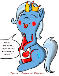Size: 2550x3300 | Tagged: safe, artist:saburodaimando, imported from derpibooru, trixie, pony, unicorn, crown, eyes closed, female, food, jewelry, ketchup, mare, messy, queen, regalia, sauce, simple background, splatoon, transparent background