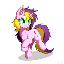 Size: 2000x2000 | Tagged: safe, artist:morningbullet, imported from derpibooru, oc, oc only, oc:painter star, pony, unicorn, bracelet, ear fluff, female, green eyes, jewelry, mare, necklace, pink coat, purple mane, raised hoof, raised leg, signature, simple background, smiling, solo, white background, yellow mane