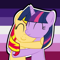 Size: 250x250 | Tagged: safe, artist:mlpride, imported from derpibooru, sunset shimmer, twilight sparkle, pony, unicorn, cute, eyes closed, female, hug, lesbian, lesbian pride flag, mare, moon lesbian, moon lesbian pride flag, shimmerbetes, shipping, sunsetsparkle, twiabetes