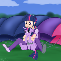 Size: 1500x1500 | Tagged: safe, artist:phallen1, imported from derpibooru, twilight sparkle, alicorn, human, pony, air ponyville, atg 2017, blushing, clothes, female, floppy ears, goggles, hug, human ponidox, humanized, newbie artist training grounds, parachute, self ponidox, sitting, snuggling, twilight day, twilight sparkle (alicorn)