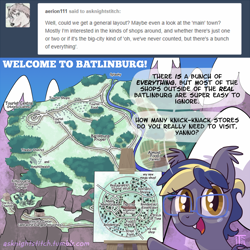 Size: 900x900 | Tagged: safe, artist:1trick, imported from derpibooru, oc, oc only, oc:flitter batter, bat pony, pony, ask night stitch, ask, batlinburg, female, map, mare, solo, tumblr