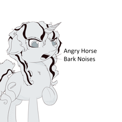 Size: 2048x2048 | Tagged: safe, artist:higherarch, imported from derpibooru, oc, oc only, oc:eleos, unicorn, angry, angry horse noises, barking, descriptive noise, horse noises, lineart, monochrome, simple background, solo, text, white background