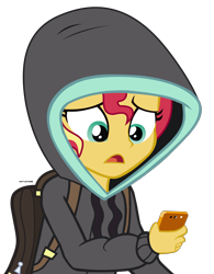 Size: 4276x5469 | Tagged: safe, artist:mandash1996, imported from derpibooru, sunset shimmer, eqg summertime shorts, equestria girls, monday blues, absurd resolution, clothes, female, hoodie, phone, simple background, solo, transparent background, vector