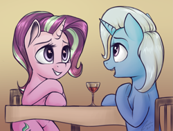 Size: 1603x1209 | Tagged: safe, artist:deltauraart, imported from derpibooru, starlight glimmer, trixie, pony, unicorn, alcohol, chair, cute, date, diatrixes, drink, duo, female, glass, glimmerbetes, heart eyes, lesbian, looking at each other, mare, shipping, smiling, startrix, table, wine, wine glass, wingding eyes