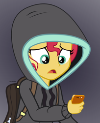 Size: 4487x5488 | Tagged: safe, artist:mandash1996, imported from derpibooru, sunset shimmer, eqg summertime shorts, equestria girls, monday blues, absurd resolution, clothes, dark background, female, hoodie, phone, simple background, solo, transparent background, vector