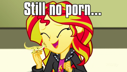Size: 1280x720 | Tagged: safe, edit, edited screencap, imported from derpibooru, screencap, ray, sunset shimmer, gecko, leopard gecko, eqg summertime shorts, equestria girls, pet project, caption, cuddling, cute, image macro, implied porn, meme, nuzzling, porn when, shimmerbetes, smiling, tempting fate